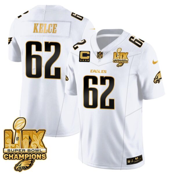 Philadelphia Eagles Super Bowl LIX Champions Gold Vapor Limited Jersey – All Stitched – Jason Kelce – White Gold Jersey