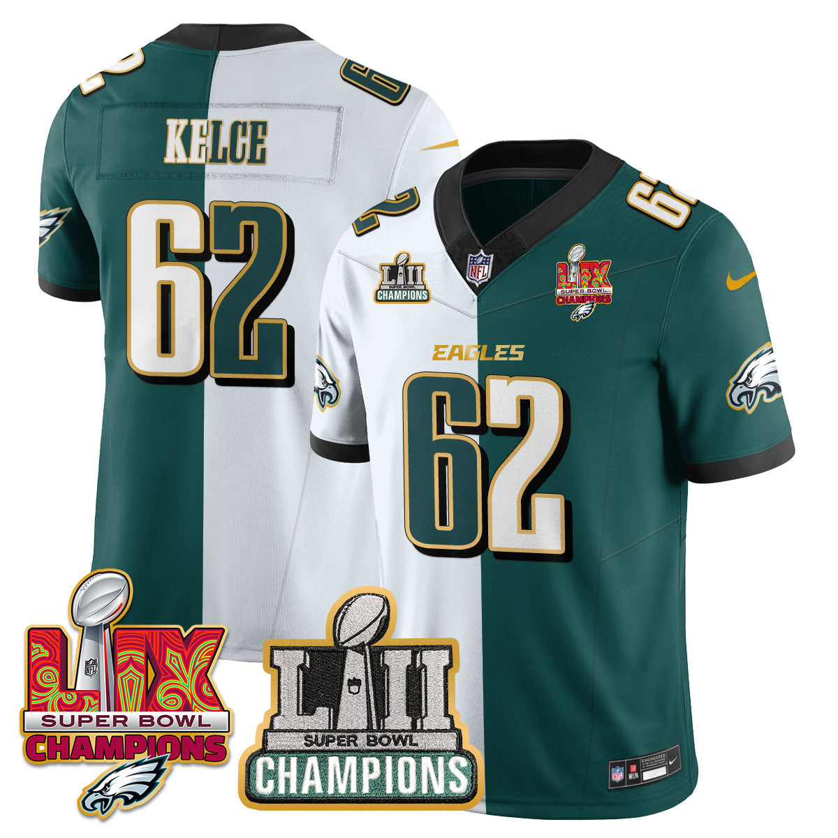 Philadelphia Eagles LII-LIX Super Bowl Champions Vapor Limited Gold Jersey – All Stitched – Split – Jason Kelce Jersey