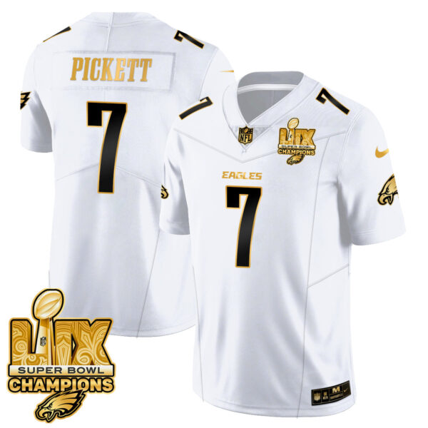 Philadelphia Eagles Super Bowl LIX Champions Gold Vapor Limited Jersey – All Stitched – Kenny Pickett – White Gold Jersey