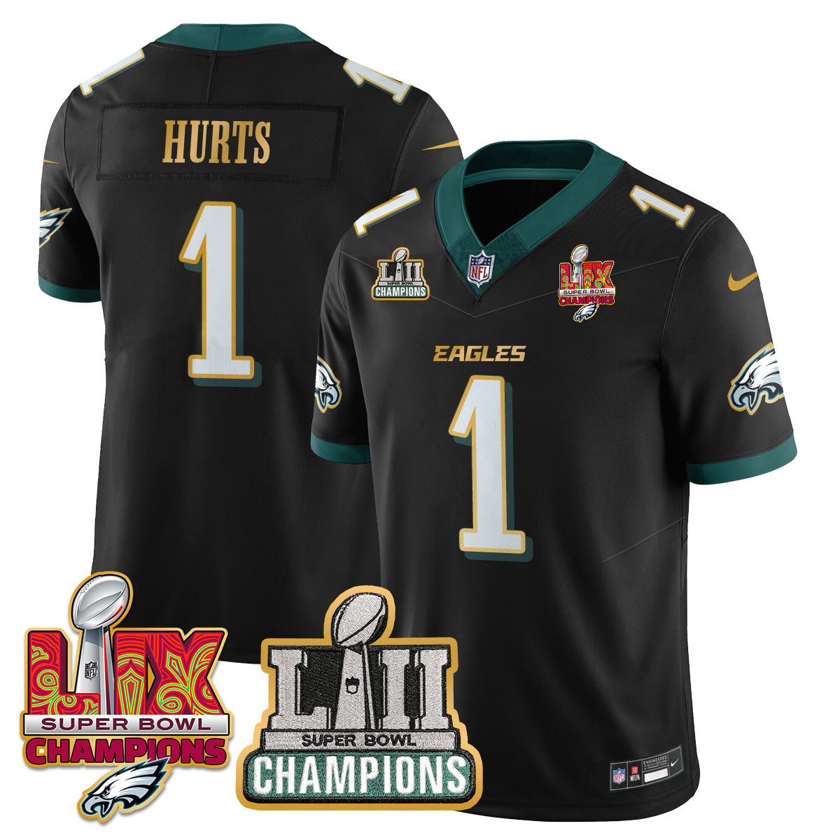 Philadelphia Eagles LII-LIX Super Bowl Champions Vapor Limited Gold Jersey – All Stitched – Black – Jalen Hurts Jersey
