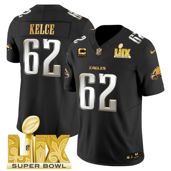 Philadelphia Eagles Super Bowl LIX Patch Gold Vapor Limited Jersey – All Stitched – Black Limited – Jason Kelce Jersey