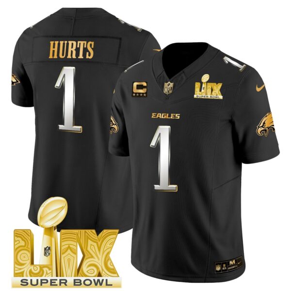 Philadelphia Eagles Super Bowl LIX Patch Gold Vapor Limited Jersey – All Stitched – Black Limited – Jalen Hurts Jersey