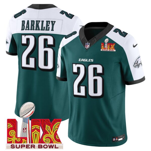Philadelphia Eagles Super Bowl LIX Patch Vapor Limited Jersey – All Stitched – Green Alternate – Saquon Barkley Jersey