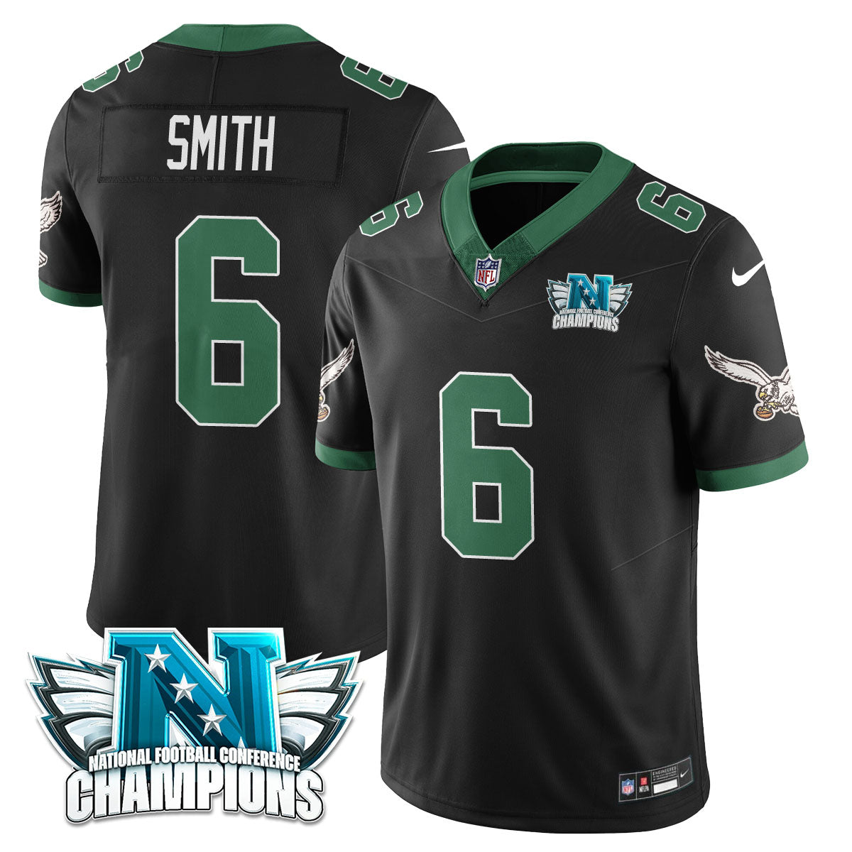Philadelphia Eagles 2024 NFC Champion Player Jersey – All Stitched – Black – DeVonta Smith Jersey