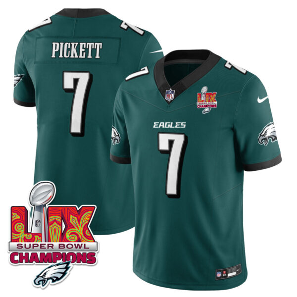 Philadelphia Eagles Super Bowl LIX Champions Gold Trim Vapor Limited Jersey – All Stitched – Kenny Pickett – Midnight Green Jersey