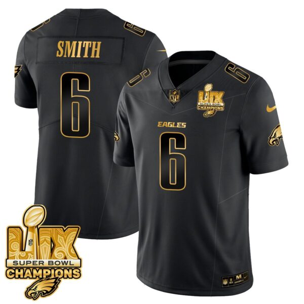 Philadelphia Eagles Super Bowl LIX Champions Gold Trim Vapor Limited Jersey – All Stitched – DeVonta Smith – Black Gold Jersey