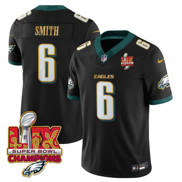 Philadelphia Eagles Super Bowl LIX Champions Gold Trim Vapor Limited Jersey – All Stitched – DeVonta Smith – Black Jersey