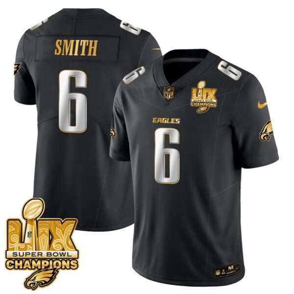 Philadelphia Eagles Super Bowl LIX Champions Gold Trim Vapor Limited Jersey – All Stitched – DeVonta Smith – Black Limited Jersey