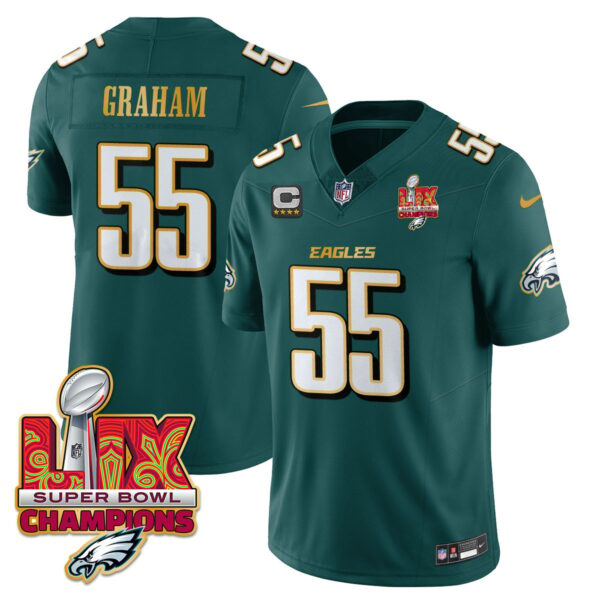 Philadelphia Eagles Super Bowl LIX Champions Gold Trim Vapor Limited Jersey – All Stitched – Brandon Graham – Midnight Green Jersey