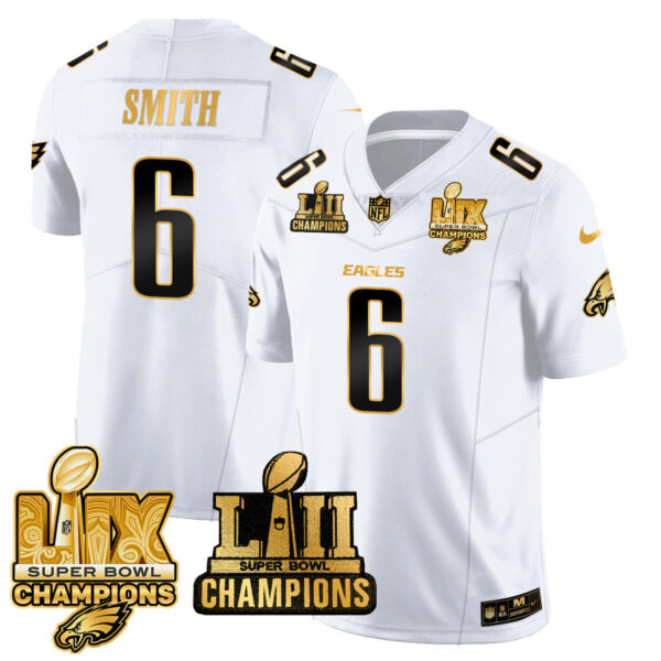 Philadelphia Eagles LII-LIX Super Bowl Champions Gold Jersey – All Stitched – White Gold – DeVonta Smith Jersey