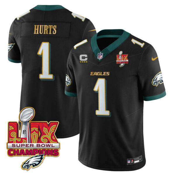 Philadelphia Eagles Super Bowl LIX Champions Gold Trim Vapor Limited Jersey – All Stitched – Jalen Hurts – Black Jersey