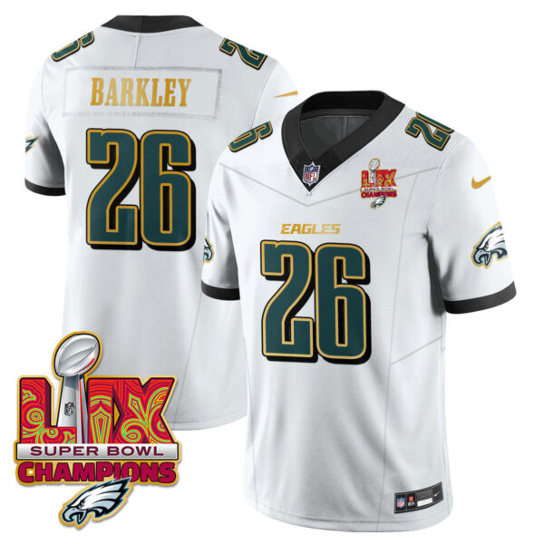 Philadelphia Eagles Super Bowl LIX Champions Gold Trim Vapor Limited Jersey – All Stitched – Saquon Barkley – White Jersey