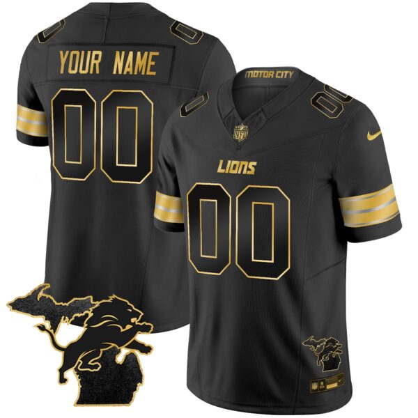Detroit Lions 2024 Michigan Patch Gold Vapor Custom Jersey – All Stitched – Black Gold Jersey