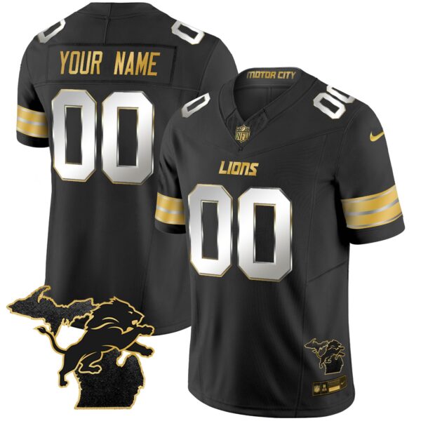 Detroit Lions 2024 Michigan Patch Gold Vapor Custom Jersey – All Stitched – Black Limited Jersey