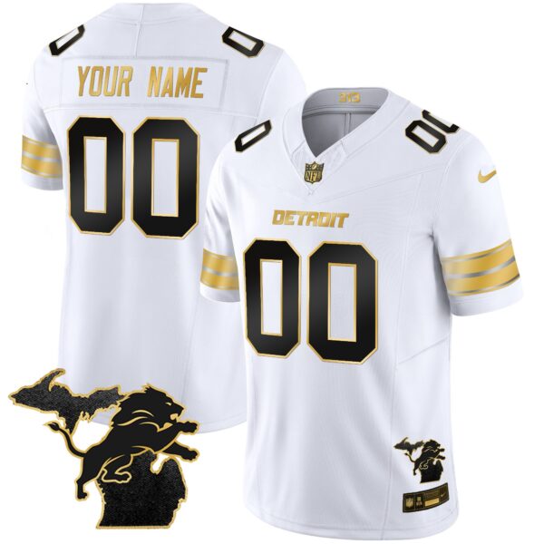 Detroit Lions 2024 Michigan Patch Gold Vapor Custom Jersey – All Stitched – White Gold Jersey
