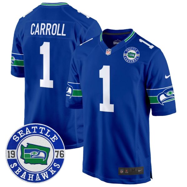 Seahawks Throwback Est. 1976 Patch Game Jersey – All Stitched – Royal – Pete Carroll Jersey