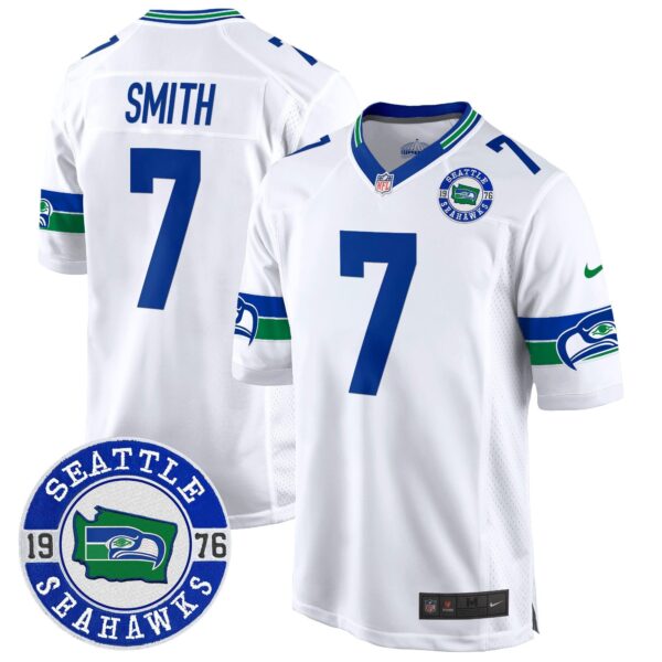 Seahawks Throwback Est. 1976 Patch Game Jersey – All Stitched – White – Geno Smith Jersey