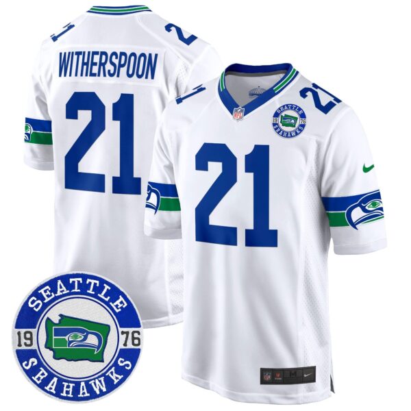 Seahawks Throwback Est. 1976 Patch Game Jersey – All Stitched – White – Devon Witherspoon Jersey
