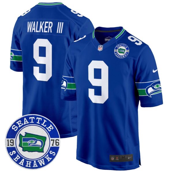 Seahawks Throwback Est. 1976 Patch Game Jersey – All Stitched – Royal – Walker III Jersey