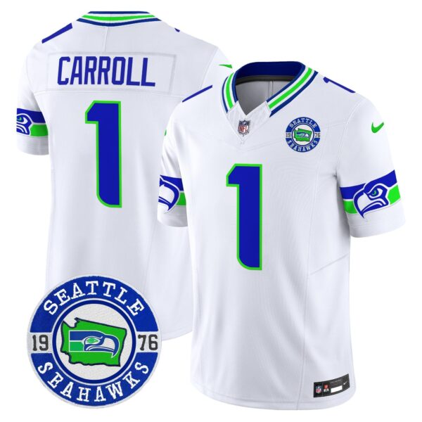 Seahawks 2024 Seattle Est. 1976 Patch Vapor Limited Jersey – All Stitched – White – Pete Carroll Jersey