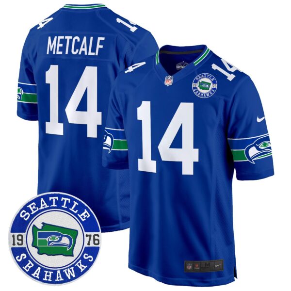 Seahawks Throwback Est. 1976 Patch Game Jersey – All Stitched – Royal – DK Metcalf Jersey