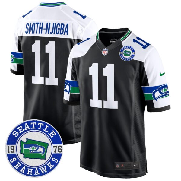 Seahawks Throwback Est. 1976 Patch Game Jersey – All Stitched – Black Alternate – Smith-Njigba Jersey