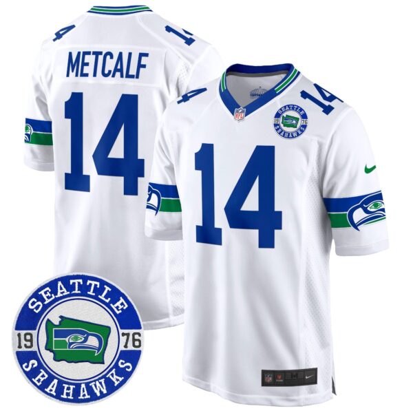 Seahawks Throwback Est. 1976 Patch Game Jersey – All Stitched – White – DK Metcalf Jersey