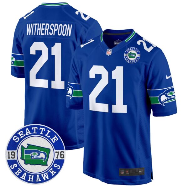 Seahawks Throwback Est. 1976 Patch Game Jersey – All Stitched – Royal – Devon Witherspoon Jersey