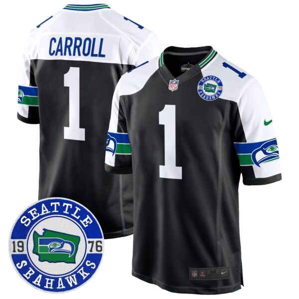 Seahawks Throwback Est. 1976 Patch Game Jersey – All Stitched – Black Alternate – Pete Carroll Jersey
