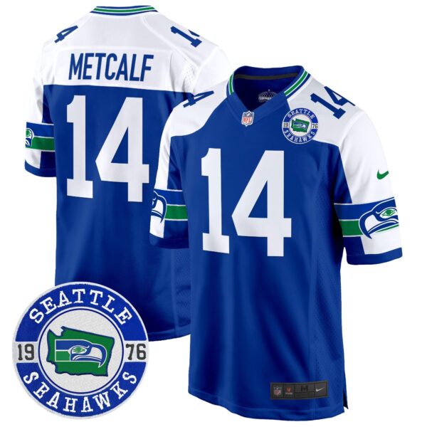 Seahawks Throwback Est. 1976 Patch Game Jersey – All Stitched – Royal Alternate – DK Metcalf Jersey