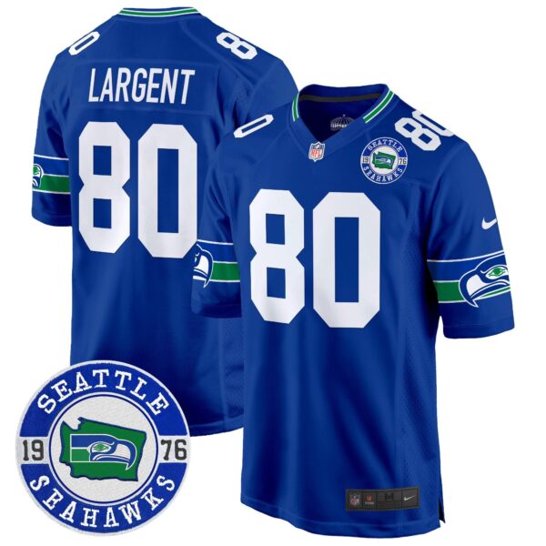 Seahawks Throwback Est. 1976 Patch Game Jersey – All Stitched – Royal – Steve Largent Jersey