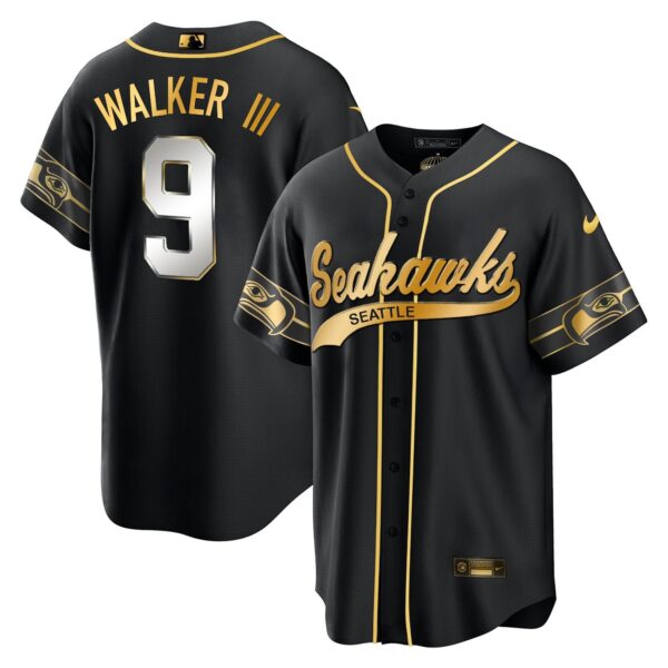 Seahawks Throwback & Gold Cool Base Jersey V2 – All Stitched – Black Limited – Walker III Jersey