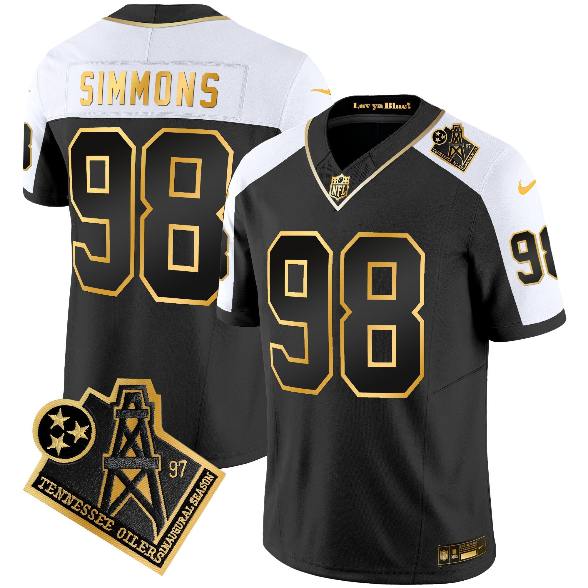 Titans 1997 Throwback Gold Vapor Jersey – All Stitched – Alternate – Jeffery Simmons Jersey