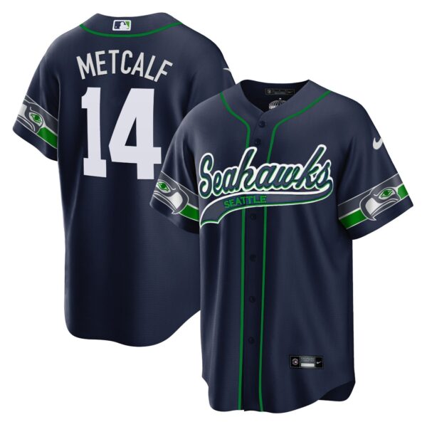 Seahawks Throwback & Gold Cool Base Jersey V2 – All Stitched – Navy – DK Metcalf Jersey