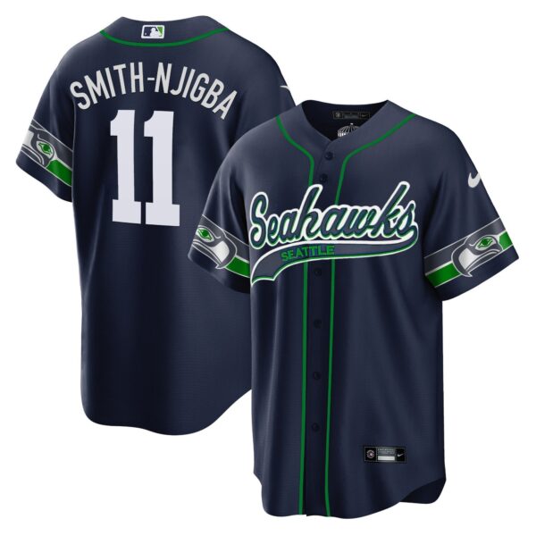Seahawks Throwback & Gold Cool Base Jersey V2 – All Stitched – Navy – Smith-Njigba Jersey