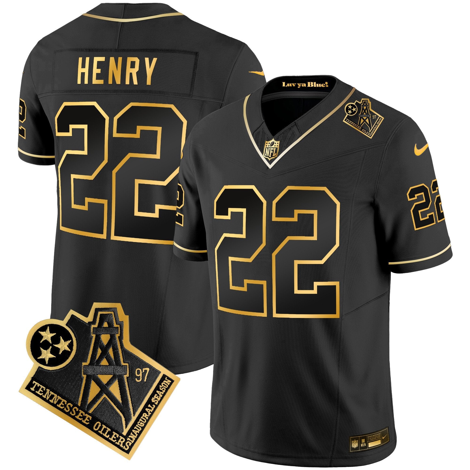 Titans 1997 Throwback Gold Vapor Jersey – All Stitched – Black Gold – Derrick Henry Jersey