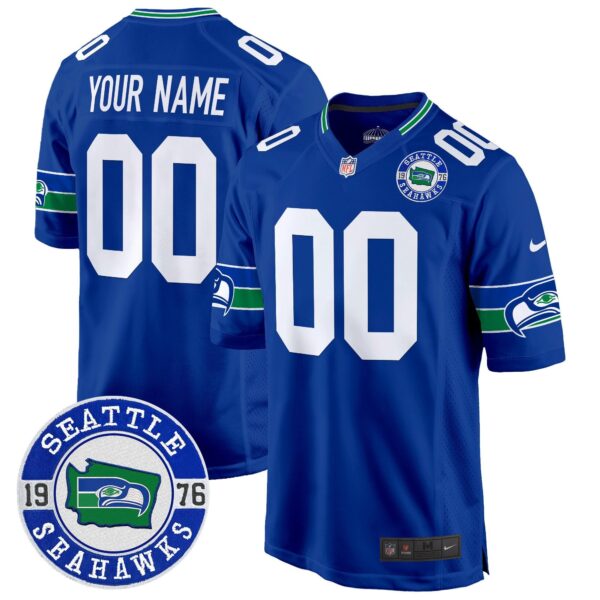 Seahawks Throwback Est. 1976 Patch Game Custom Jersey – All Stitched – Royal Jersey