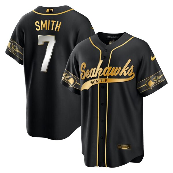 Seahawks Throwback & Gold Cool Base Jersey V2 – All Stitched – Black Limited – Geno Smith Jersey