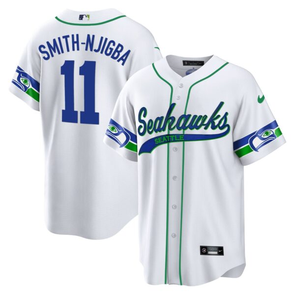 Seahawks Throwback & Gold Cool Base Jersey V2 – All Stitched – White – Smith-Njigba Jersey