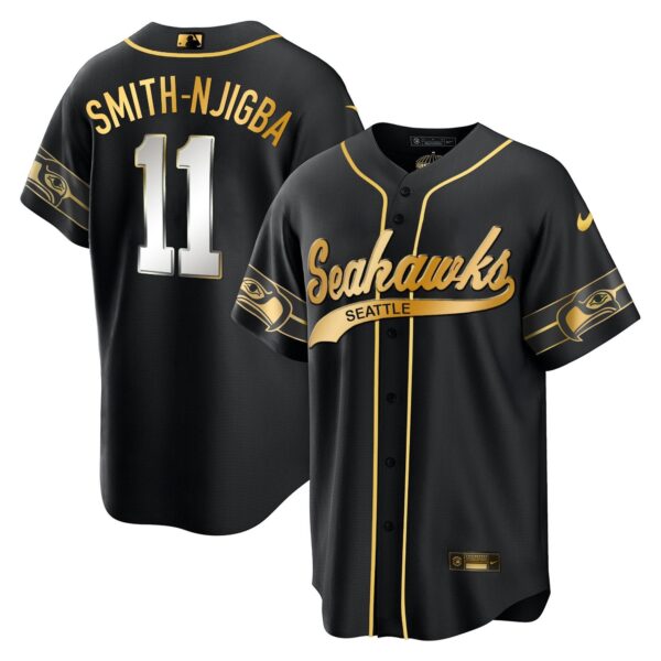 Seahawks Throwback & Gold Cool Base Jersey V2 – All Stitched – Black Limited – Smith-Njigba Jersey