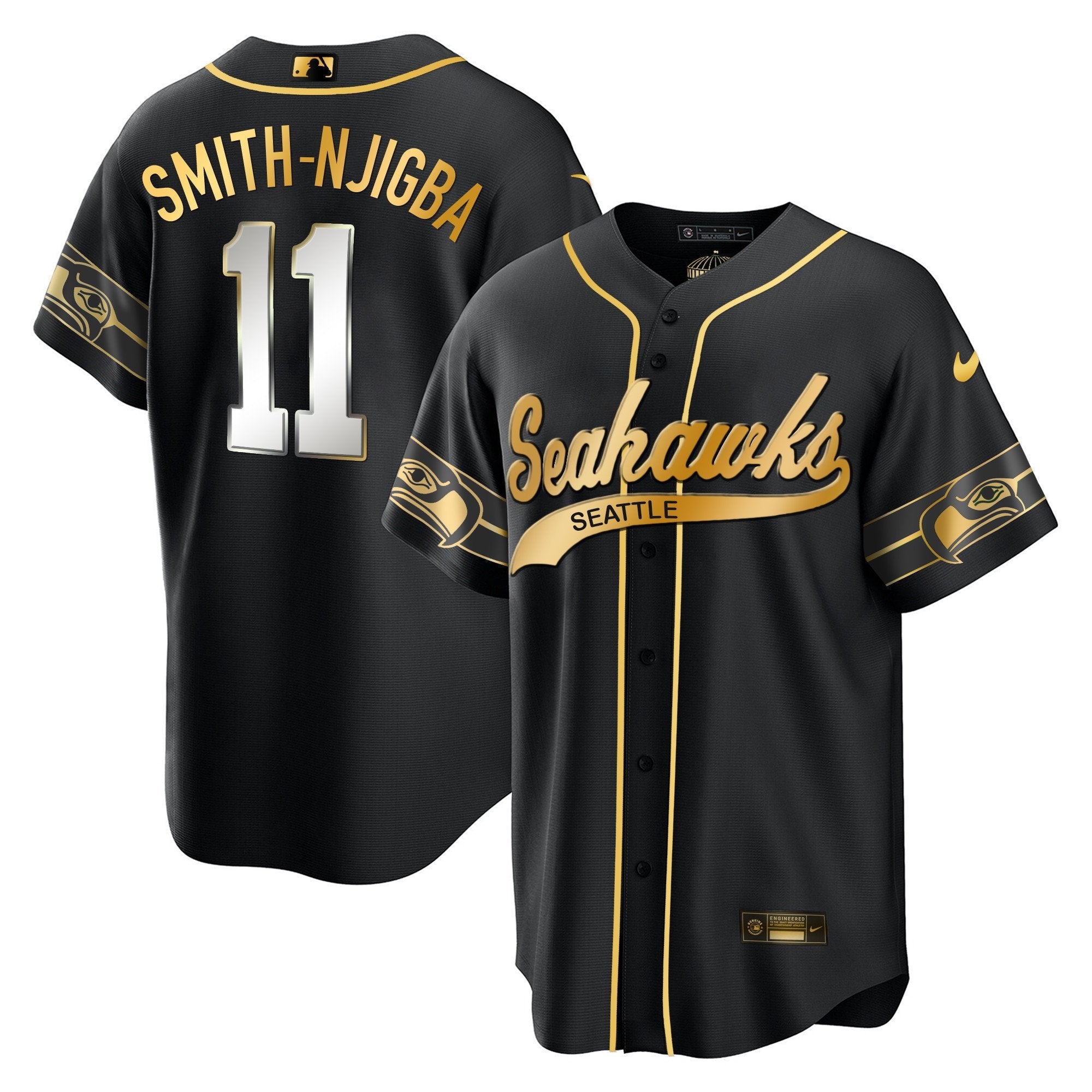 Seahawks Throwback & Gold Cool Base Jersey V2 – All Stitched – Black Limited – Smith-Njigba Jersey