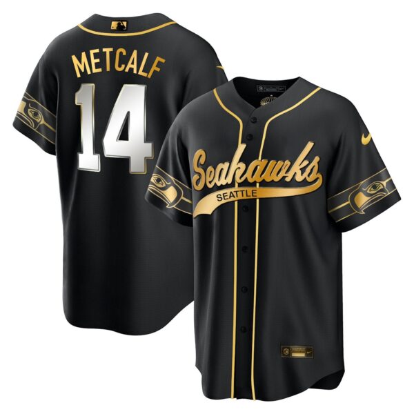 Seahawks Throwback & Gold Cool Base Jersey V2 – All Stitched – Black Limited – DK Metcalf Jersey
