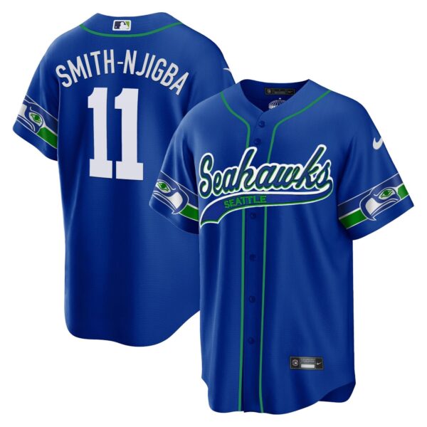 Seahawks Throwback & Gold Cool Base Jersey V2 – All Stitched – Royal – Smith-Njigba Jersey