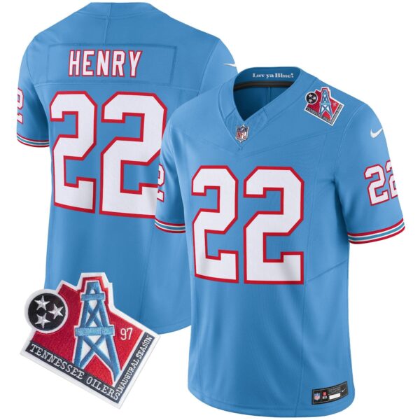 Titans 1997 Throwback Limited Vapor Jersey V2 – All Stitched – Light Blue – Derrick Henry Jersey