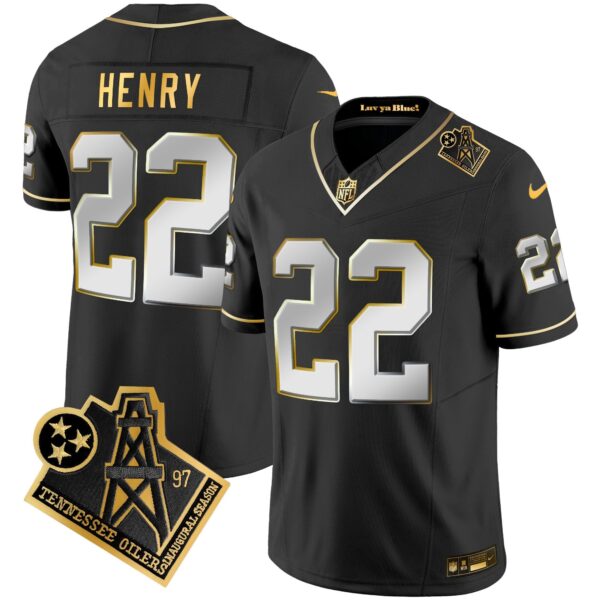 Titans 1997 Throwback Gold Vapor Jersey – All Stitched – Black Limited – Derrick Henry Jersey