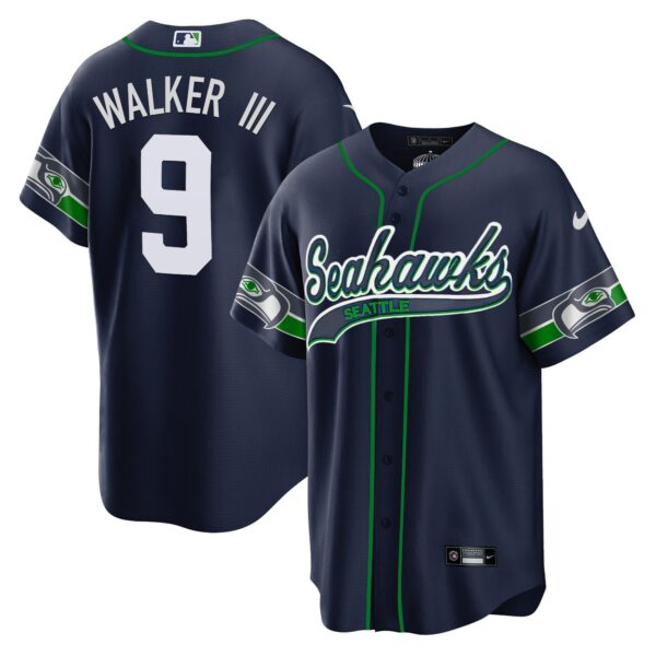 Seahawks Throwback & Gold Cool Base Jersey V2 – All Stitched – Navy – Walker III Jersey