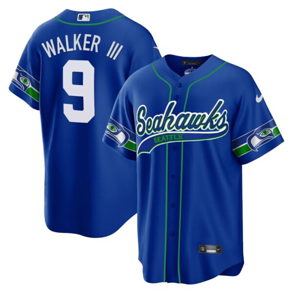 Seahawks Throwback & Gold Cool Base Jersey V2 – All Stitched – Royal – Walker III Jersey