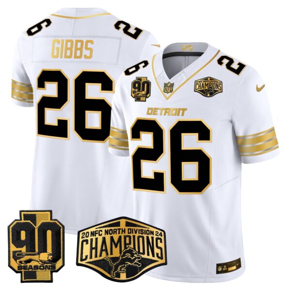 Detroit Lions 2024 NFC North Division Champions Patch Gold Vapor Limited Jersey – All Stitched – White Gold – Jahmyr Gibbs Jersey