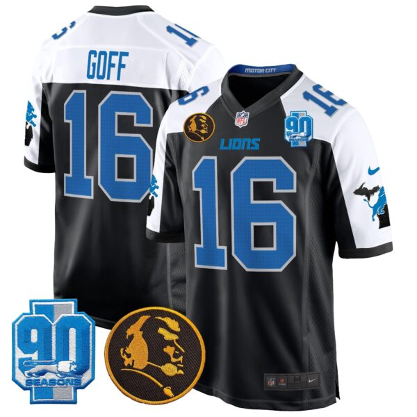 Detroit Lions 2024 90th & John Madden Patch Game Jersey – All Stitched – Alternate – Jared Goff Jersey