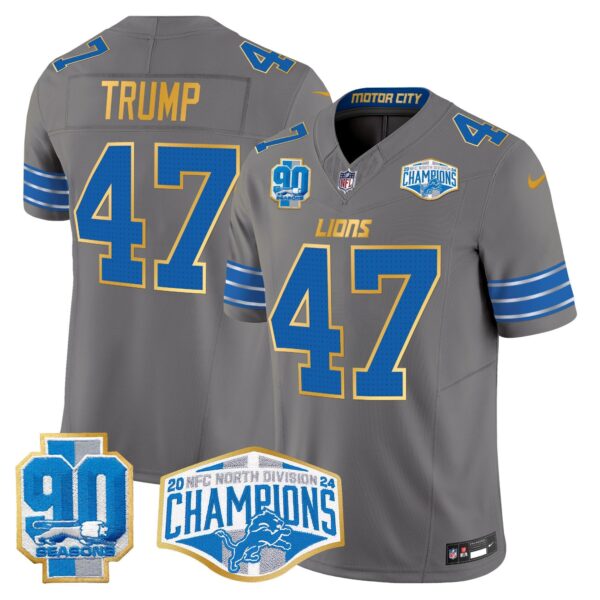 Detroit Lions 2024 NFC North Division Champions Patch Gold Trim Vapor Limited Jersey – All Stitched – Gray – Donald Trump Jersey